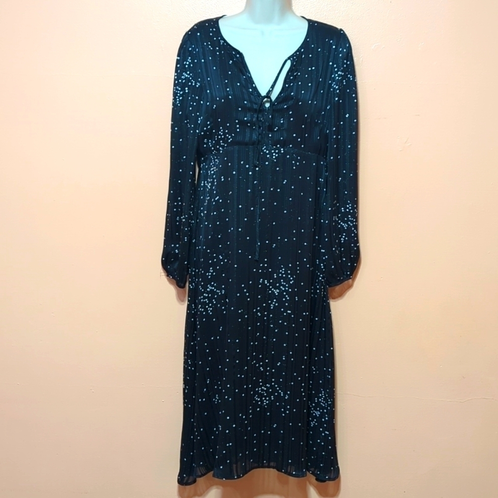 Traffic People Black Long Sleeve Polka Dot Metal Stripes Fit and Flare Dress M